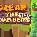 Textul „Clear the Numbers” colorat și stilizat pe un fundal cu design geometric de copaci și forme stâncoase