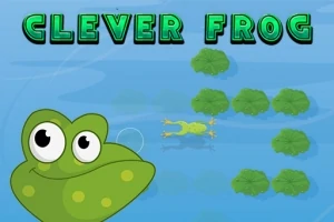 O broască desenată și zâmbitoare în colțul din stânga jos, cu litere mari verzi scriind CLEVER FROG pe un fundal albastru cu nuferi verzi