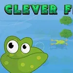 O broască desenată și zâmbitoare în colțul din stânga jos, cu litere mari verzi scriind CLEVER FROG pe un fundal albastru cu nuferi verzi