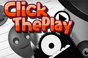 Textul Click The Play în culori roșu și portocaliu pe un fundal alb-negru cu figuri stilizate și un simbol de redare