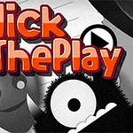 Textul Click The Play în culori roșu și portocaliu pe un fundal alb-negru cu figuri stilizate și un simbol de redare