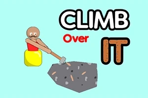 Om într-un recipient galben folosind un ciocan pentru a urca pe o stâncă, alături de textul CLIMB Over IT