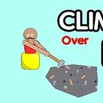 Om într-un recipient galben folosind un ciocan pentru a urca pe o stâncă, alături de textul CLIMB Over IT