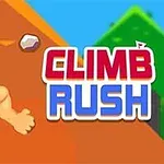 Un personaj musculos cu bandană roșie urcă un perete maro, cu textul CLIMB RUSH în dreapta