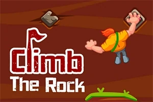 Un personaj cu păr roșu escaladează un perete maroniu, fluturând un steag roșu, cu textul „Climb The Rock”