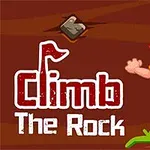 Un personaj cu păr roșu escaladează un perete maroniu, fluturând un steag roșu, cu textul „Climb The Rock”