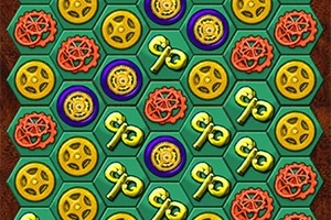 Imaginea arată un model hexagonal cu simboluri colorate roșii, galbene și verzi, incluzând chei și figuri circulare