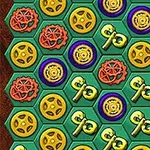 Imaginea arată un model hexagonal cu simboluri colorate roșii, galbene și verzi, incluzând chei și figuri circulare