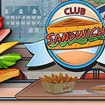 Un sandviș club din mai multe straturi, cartofi prăjiți într-o cutie și un logo colorat într-o cafenea stilizată