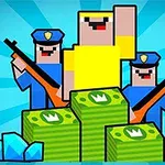 Personaje stilizate în culori vibrante, cu două personaje polițiste ținând puști în spatele unui personaj central care stă în fața unor teancuri de bani și câteva diamante pe un fundal albastru luminos