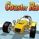 Un vehicul galben tip buggy și o motocicletă în mișcare pe o pistă, cu textul „Coaster Racer 2” deasupra