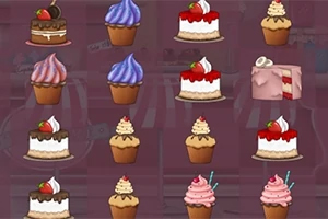 Coco in Cakeland Diverse prăjituri și brioșe colorate așezate în rânduri pe un fundal roz