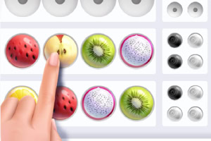 Un deget selectează o bilă cu imagine de măr într-un rând de bile cu imagini de fructe, inclusiv căpșuni, kiwi și fructul dragonului, însoțite de marcaje circulare alb-negru pe lateral