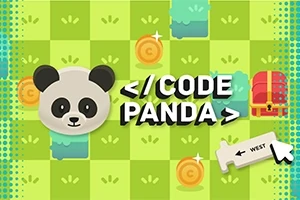 Cap de panda alături de textul „< / CODE PANDA >” pe un fundal verde cu modele de monede, cufăr și săgeată indicând direcția „WEST”