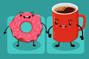 Gogoșă roz cu glazură și cană roșie de cafea, ambele animate și zâmbitoare, pe fundal turcoaz