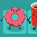Gogoșă roz cu glazură și cană roșie de cafea, ambele animate și zâmbitoare, pe fundal turcoaz