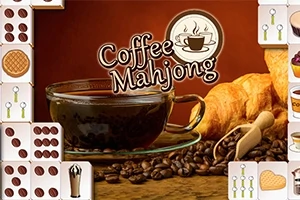 Ceașcă de cafea și cornuri aurii pe un fundal de boabe de cafea, cu titlul Coffee Mahjong