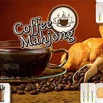 Ceașcă de cafea și cornuri aurii pe un fundal de boabe de cafea, cu titlul Coffee Mahjong