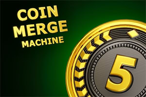 Monedă aurie cu cifra 5 pe fundal verde, alături de textul „COIN MERGE MACHINE