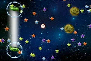Două tancuri verzi într-un spațiu cosmic plin de stele colorate și asteroizi