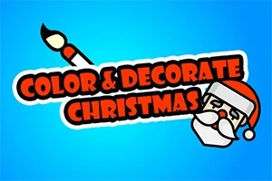 Text roșu „Color & Decorate Christmas” cu un penson și un cap de Moș Crăciun pe un fundal albastru