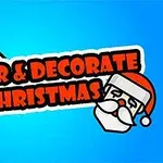 Text roșu „Color & Decorate Christmas” cu un penson și un cap de Moș Crăciun pe un fundal albastru