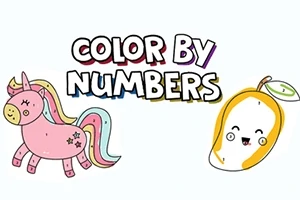 Unicorn roz drăguț și fructe zâmbitoare lângă textul Color by Numbers
