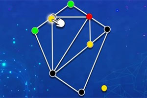 Diagramă pe fundal albastru cu puncte colorate conectate prin linii albe, formând o rețea geometrică