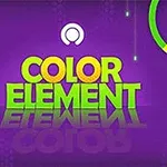 Elemente grafice colorate pe un fundal violet, cu textul Color Element, un cerc cu o stea în interior, un cerc colorat și o mână stilizată îndreptată spre o bilă galbenă