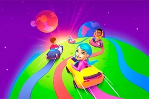 Trei persoane într-o cursă cu mașinuțe colorate pe trasee colorate, într-un peisaj cosmic vibrant cu planete în fundal
