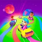 Trei persoane într-o cursă cu mașinuțe colorate pe trasee colorate, într-un peisaj cosmic vibrant cu planete în fundal