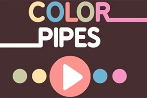 Textul Color Pipes pe un fundal maro închis, cu puncte colorate și un simbol de redare în centru
