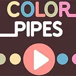 Textul Color Pipes pe un fundal maro închis, cu puncte colorate și un simbol de redare în centru