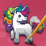 Unicorn pixelat cu coamă multicoloră și un creion care atinge partea din față a imaginii, pe un fundal roz