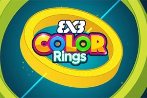 Text colorat 3x3 Color Rings încadrat de un inel galben pe un fundal verde și albastru