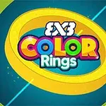 Text colorat 3x3 Color Rings încadrat de un inel galben pe un fundal verde și albastru