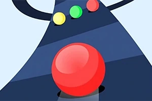 Un joystick cu un buton roșu mare și trei butoane mici colorate în galben, verde și roșu pe un fundal albastru