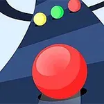 Un joystick cu un buton roșu mare și trei butoane mici colorate în galben, verde și roșu pe un fundal albastru