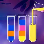 Trei eprubete colorate și o eprubetă înclinată toarnă lichid roz și galben, pe fundal violet