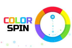 In imagine este un cerc colorat împărțit în patru segmente de culori diferite, cu un text multicolor COLOR SPIN în stânga