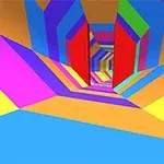Tunel virtual în culori vibrante, cu forme geometrice multicolore