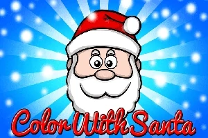 Imaginea prezintă un desen al lui Moș Crăciun cu o pălărie roșie pe un fundal albastru cu efecte de lumini, având textul Color With Santa în partea de jos