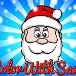 Imaginea prezintă un desen al lui Moș Crăciun cu o pălărie roșie pe un fundal albastru cu efecte de lumini, având textul Color With Santa în partea de jos