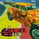 Mașină cu design colorat și model retro pe o pistă de curse colorată