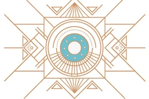 Design geometric cu linii simetrice și un cerc central albastru