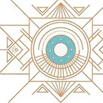 Design geometric cu linii simetrice și un cerc central albastru