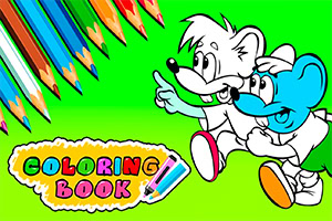 Două personaje animate prietenoase, o mulțime de creioane colorate în colțul stâng și textul Coloring Book pe un fundal verde vibrant