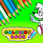 Două personaje animate prietenoase, o mulțime de creioane colorate în colțul stâng și textul Coloring Book pe un fundal verde vibrant