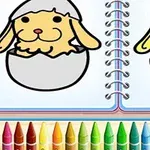 Desen cu doi pui de animale ieșind din ouă într-un caiet de colorat, cu creioane colorate în partea de jos