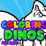 Un dinozaur alb-negru cu o paletă de pictură colorată pe cap și textul Coloring Dinos for Kids cu litere colorate pe un fundal albastru